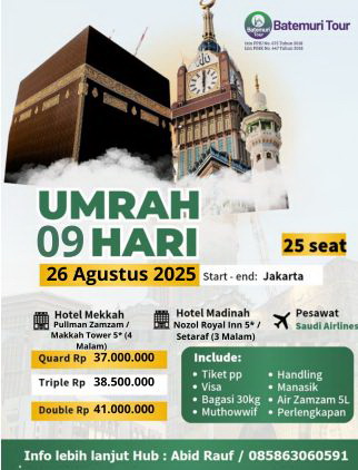 Paket Umrah Reguler BTT- Asa Tour 5*, 9 Hari / 7 Malam, Plus Kereta Cepat , Keberangkatan  26 Agt 2025 